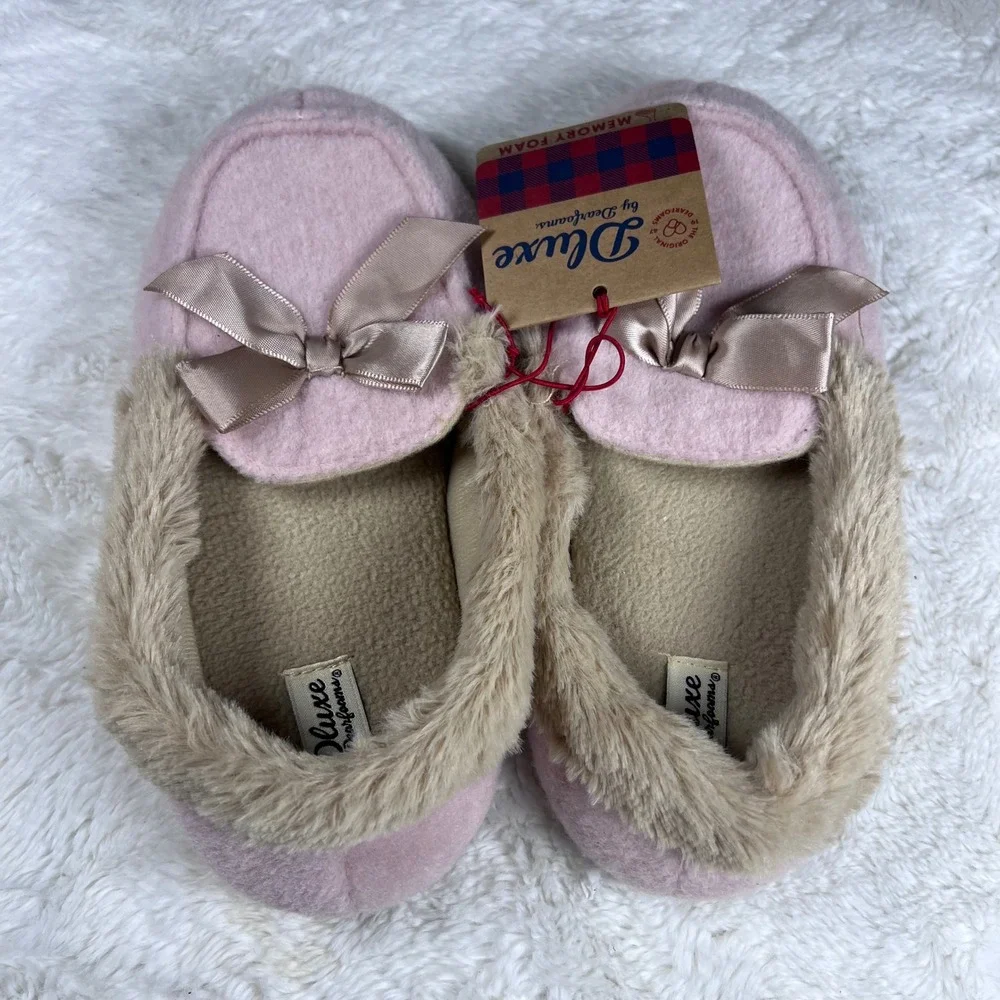 DLUXE by Dearfoams Pink‎ Memory Foam Slippers Bow Plush Fur Lined Girls NWT